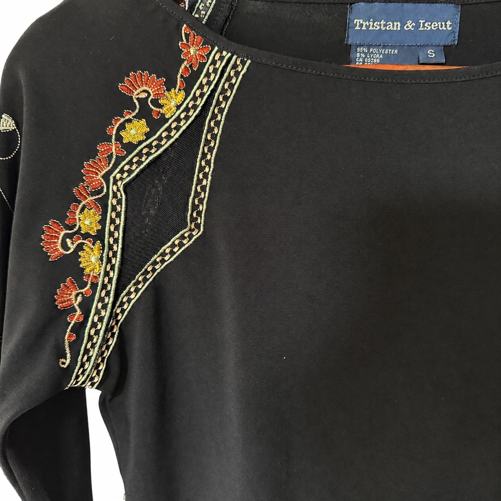 Tristan & Iseut Women Black Embroidered Long Sleeve Top Small Boho Vintage Y2K - Picture 4 of 8